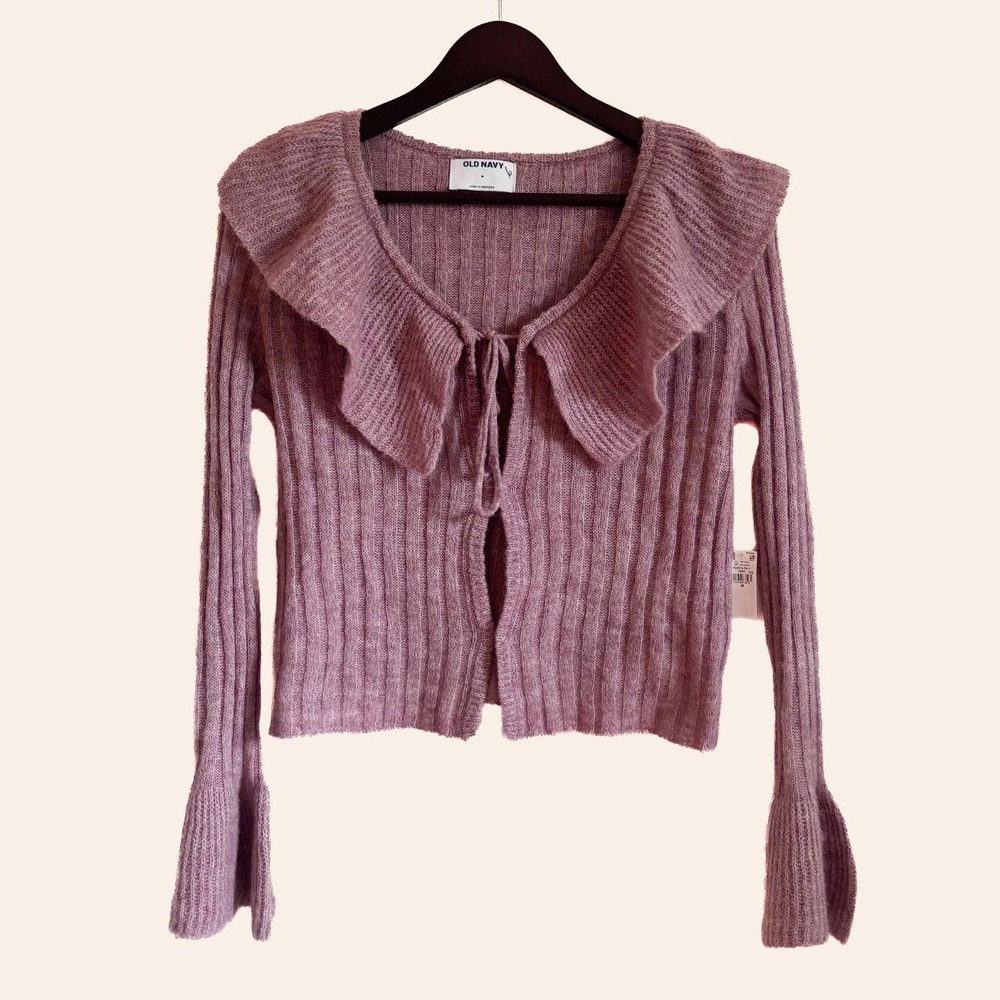 Old Navy Wool Blend Mauve Ruffle Collar Tie-Front Cardigan